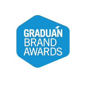 Logo of GRADUAN Brand Awards in blue color and white font