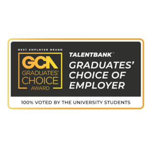 Graduate’ Choice of Employer Award logo with black background and gold corner and mix of gold and white font