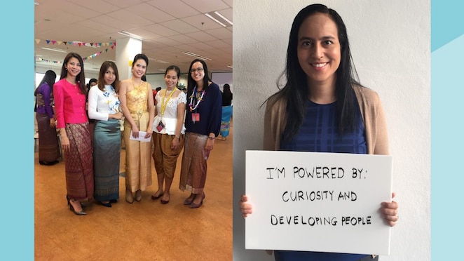 Fazilah with a group of colleagues (left), and holding a sign reading ‘I’M POWERED BY: CURIOSITY AND DEVELOPING PEOPLE (right)]