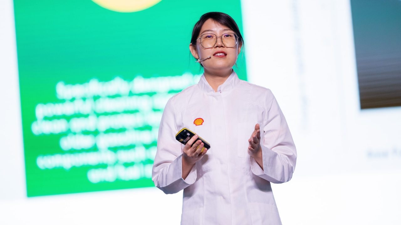 Tina Jia sharing an overview of the science and development process behind the New + Improved Shell FuelSave 95.