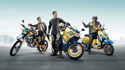 Three men with Shell Advance motorcycles