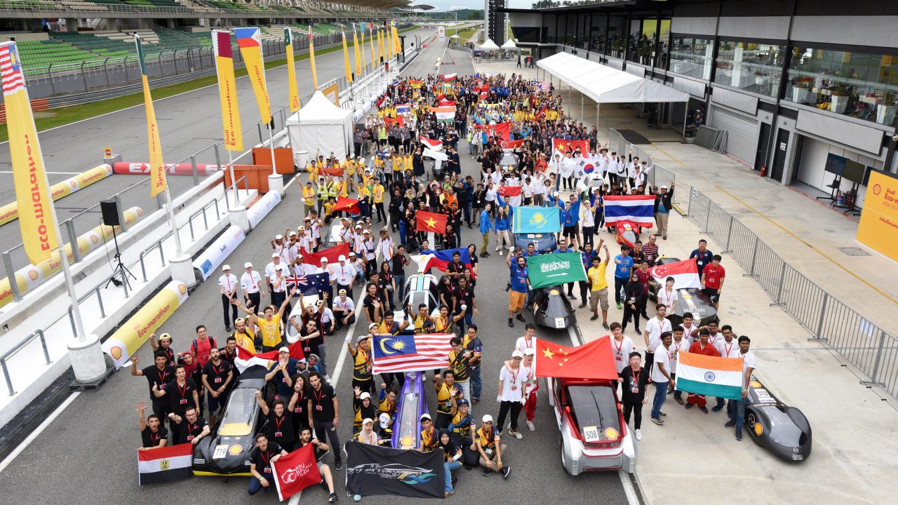 Family photo of some of the participating teams during day two of Shell Make the Future Live Malaysia 2019 at the Sepang International Circuit 
