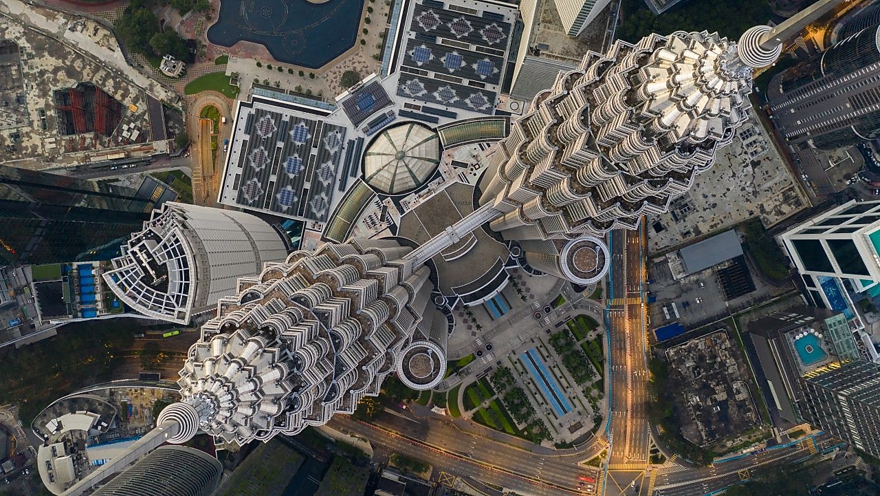 Aerial Drone shot of Petronas Tower in Morning light