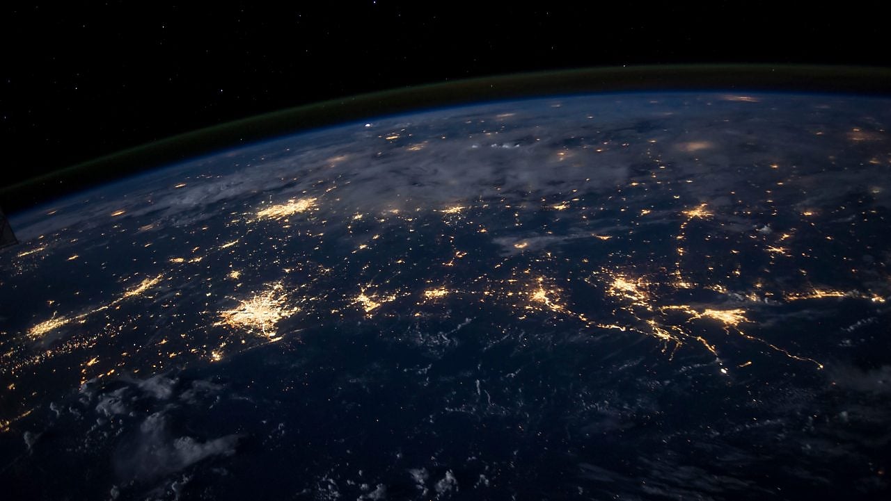 Aerial view of the earth showing city lights City lights of the Southern United States.