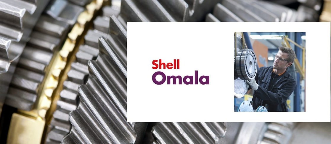 Gear with a man checking a gear and the Shell Omala logo over it