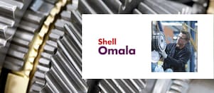 Gear with a man checking a gear and the Shell Omala logo over it