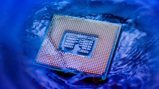 CPU RAM computer Fall into the water on blue light background