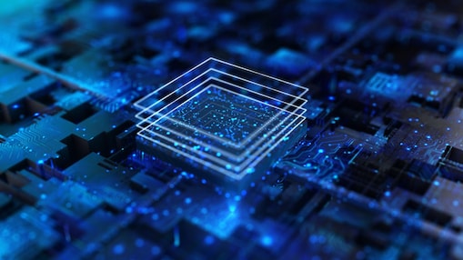 Blue and digital computer chip on a digital circuit