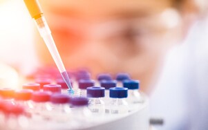 Liquid being poured into a plastic funnel by a shell scientist in a laboratory
