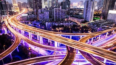 City at night with road lit up