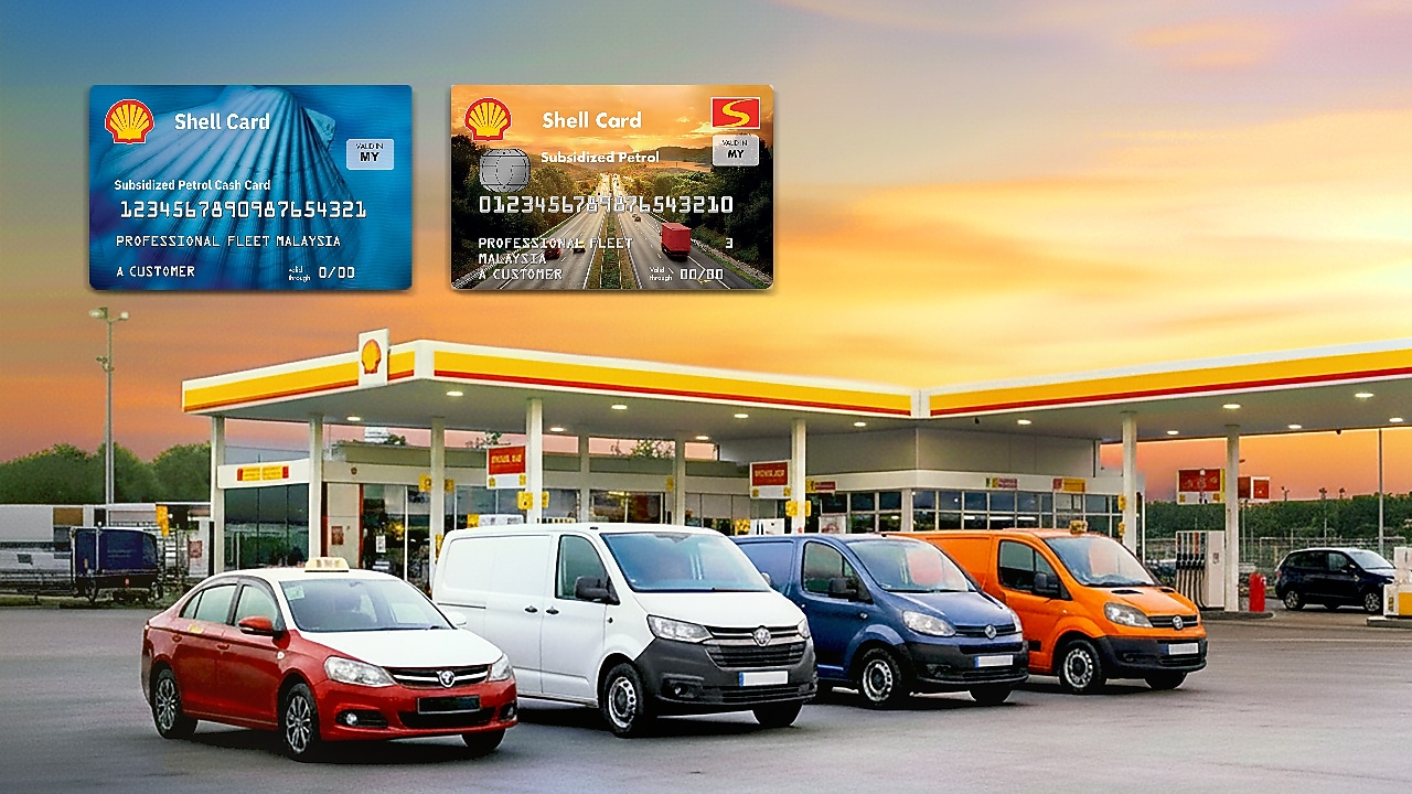 Four trucks with Shell card held up in the foreground