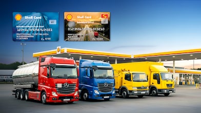 Four trucks with Shell card held up in the foreground