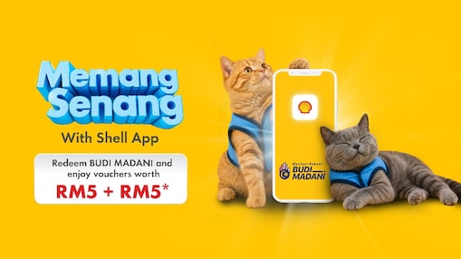 Memang Senang With Shell App" promotion featuring two cats beside a smartphone, highlighting RM5 + RM5* BUDI MADANI voucher rewards.