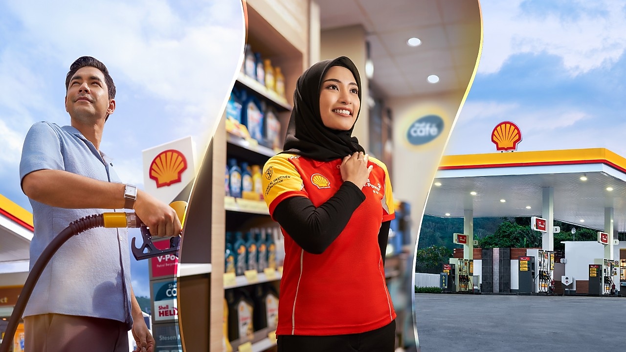 A collage of images; Customer fueling, Shell Attendant greeting customers. Wideshot of a Shell Station