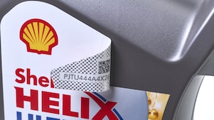 Picture of Shell Helix bottle label already peeled, with QR code