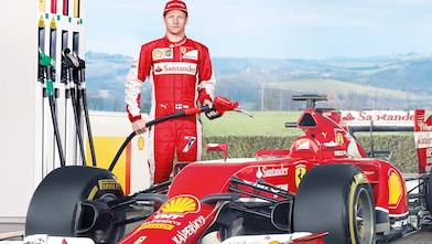 Ferrari F1 driver using Shell Helix Ultra oil to fill up car