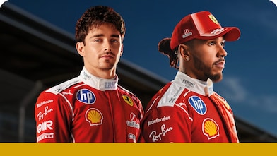 Charles Leclerc and Lewis Hamilton stand in front of a race circuit background with a gold trim at the bottom of the image.