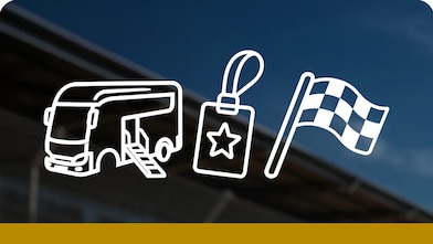  Icons of a honeywagon, a lanyard pass, and a black and white checkered flag on a sky background with a golden trim at the bottom.
