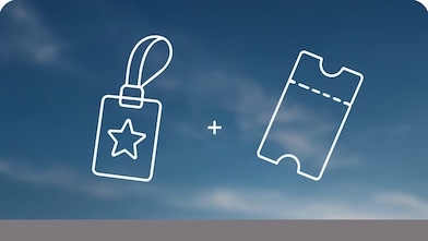 Icons of a lanyard pass and ticket on a sky background with a silver trim at the bottom.