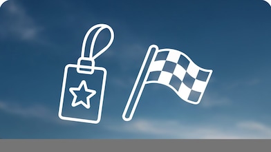  Icons of a lanyard pass and a black and white checkered flag on a sky background with a silver trim at the bottom.