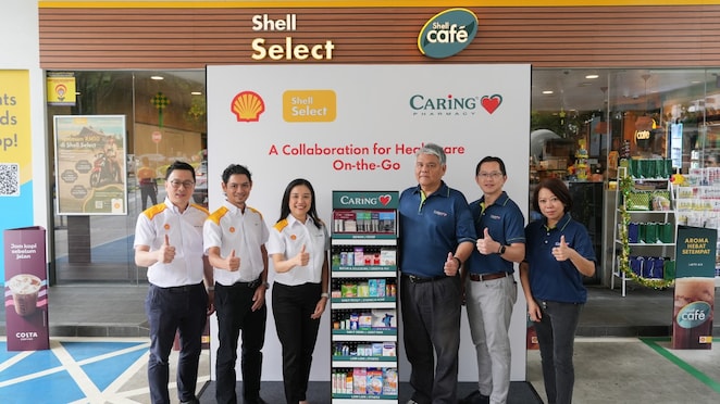 Shell Select and Caring Pharmacy partnership featuring "Healthcare On-the-Go" product display at Shell station