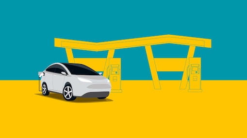Illustration of an electric vehicle charging at Shell Recharge HPC station with a stylized yellow and teal background.