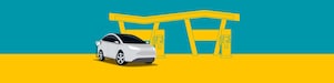 Illustration of an electric vehicle charging at Shell Recharge HPC station with a stylized yellow and teal background.