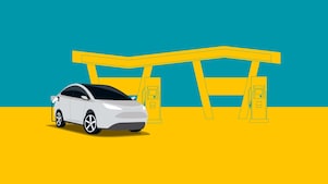 Illustration of an electric vehicle charging at Shell Recharge HPC station with a stylized yellow and teal background.
