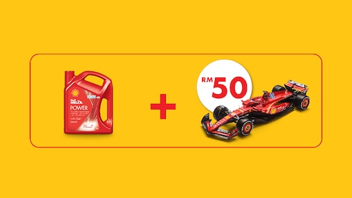 Shell Helix promotion – Buy 1 bottle and add RM50 to get a Ferrari F1 collectible car. Offer valid for selected Shell Helix 4L products.