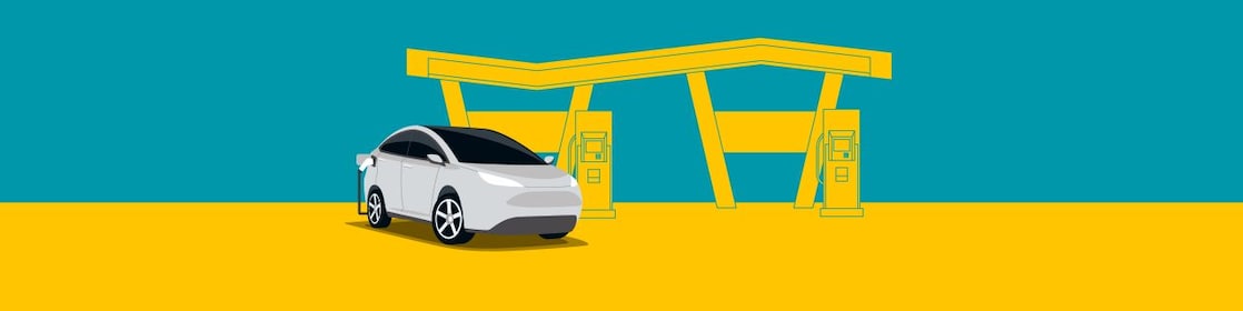 Illustration of an electric vehicle charging at Shell Recharge HPC station with a stylized yellow and teal background.