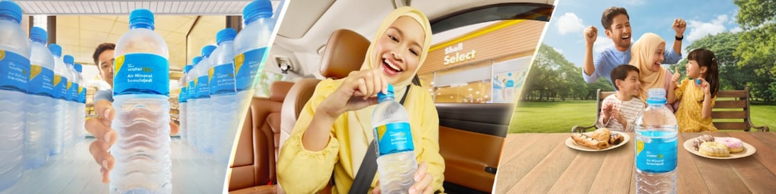 A collage shows the Shell Select water2go  bottled water in various settings: a store  fridge chiller, a smiling woman drinking in a  car, and a joyful family winning the prize  identified from the bottle cap while having a  picnic with food.