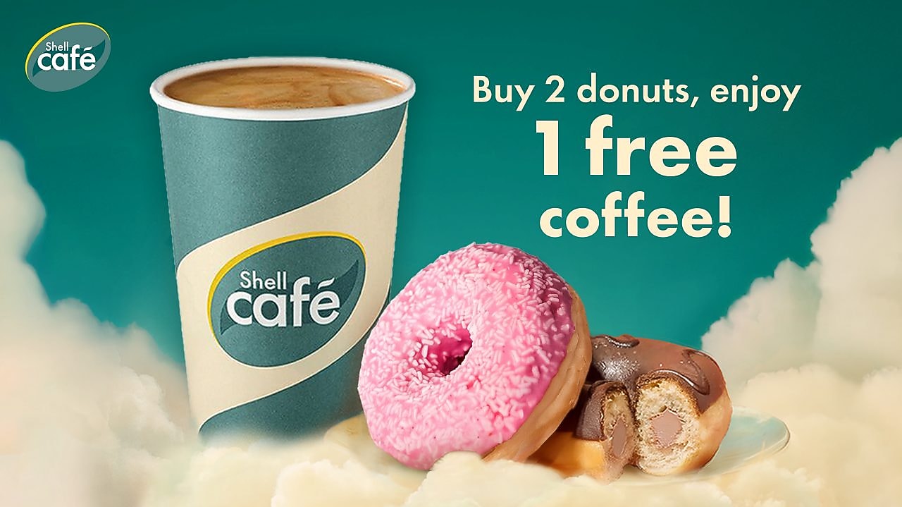 Get 2 donuts, coffee on us