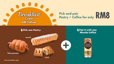 Breakfast promotion image featuring a sun graphic with 'Breakfast Crew 6:00-11:00 a.m.' and offering a pastry and Wonda Coffee combo for RM8. Pastry options include Chicken Sausage Doughnut, Banana Puff, and Tuna Puff. 