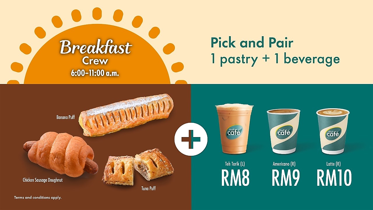 Breakfast promotion offering pastries and beverages. Choices include Banana Puff, Chicken Sausage Doughnut, and Tuna Puff, paired with drinks like Teh Tarik, Americano, or Latte. Prices range from RM8 to RM10.