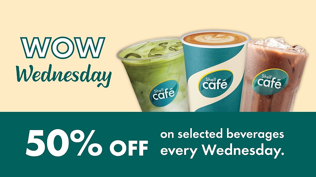 50% discount for Shell Café's "Wow Wednesday" promotion. Features iced matcha, hot coffee, iced chocolate, and text: "50% off on selected beverages every Wednesday."