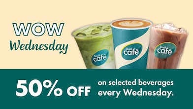 50% discount for Shell Café's "Wow Wednesday" promotion. Features iced matcha, hot coffee, iced chocolate, and text: "50% off on selected beverages every Wednesday." 