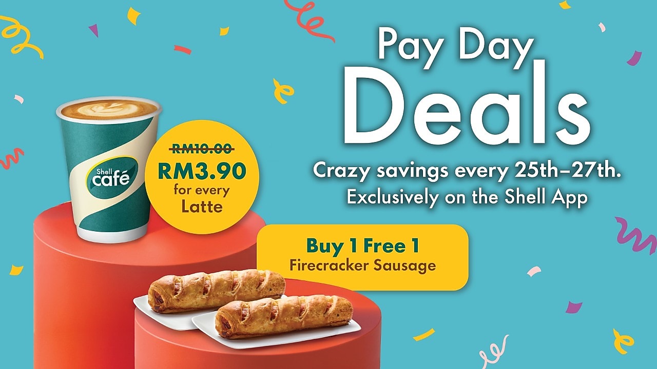 Promo image with text "Pay Day Deals." Features a latte priced at RM3.90 and a "Buy 1 Free 1" offer on Firecracker Sausages. Bright and fun design.