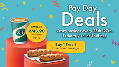 Promo image with text "Pay Day Deals." Features a latte priced at RM3.90 and a "Buy 1 Free 1" offer on Firecracker Sausages. Bright and fun design.