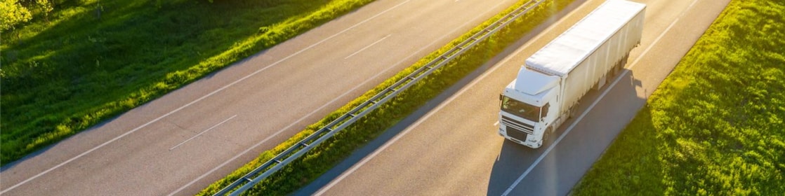 A truck on a highway surrounded by green trees in day time